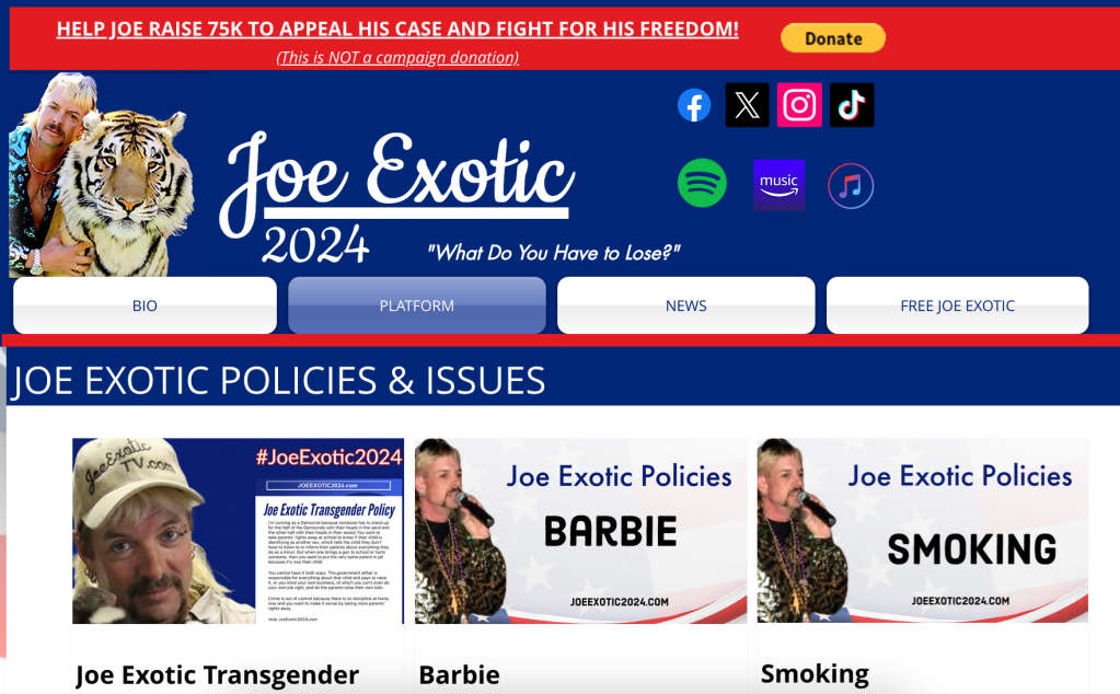 Site Web de la campagne de Joe Exotic montrant les politiques sur les droits des transgenres, Barbie et le tabagisme