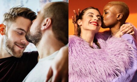 a gay couple with one man kissing the other (MLM) and a lesbian couple with one woman kissing the other on the face (WLW)