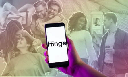 Various couples on dates and someone holding the Hinge app up