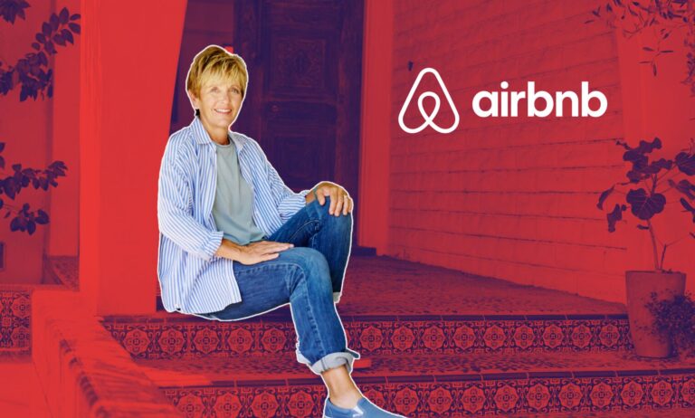 This is an image of a woman sitting on steps. She is superimposed on red background and the Airbnb logo is in white