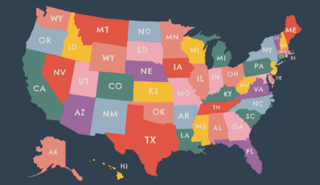 A multi-coloured state map of the United States of America