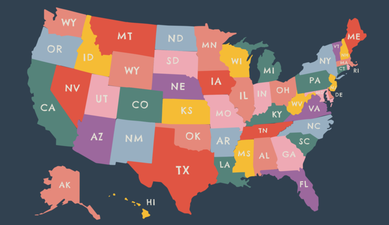 A multi-coloured state map of the United States of America