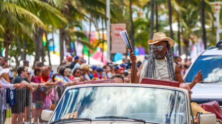 US actor and singer Billy Porter participates in the Miami Beach Pride Parade on Ocean Drive on April 14, 2024, in Miami Beach, Florida