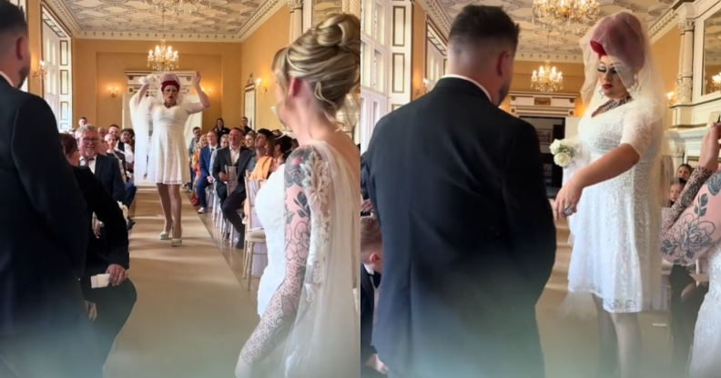 La fête de mariage est partie dans des éclats de rire après que la mariée « abandonnée » en traînée ait enlevé son futur mari La drag-mariée a tenté d'arracher le futur mari. (@mwhitephotograph/TikTok)