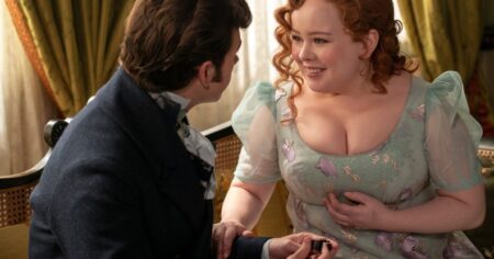 La Chronique des Bridgerton.  (De gauche à droite) Luke Newton dans le rôle de Colin Bridgerton, Nicola Coughlan dans le rôle de Penelope Featherington dans l'épisode 306 de Bridgerton.  Cr.  © 2024 Liam Daniel/Netflix