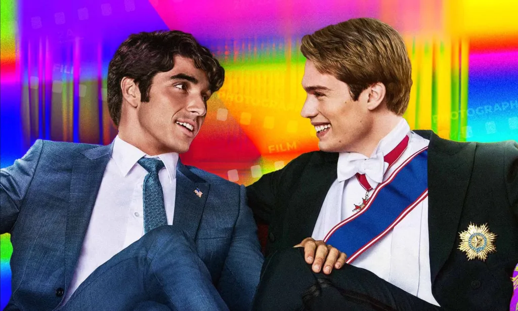 Taylor Zakhar Perez et Nicholas Galitzine dans le rôle d'Alex Claremont Diaz et du prince Henry dans Rouge, Blanc et Bleu Royal.
