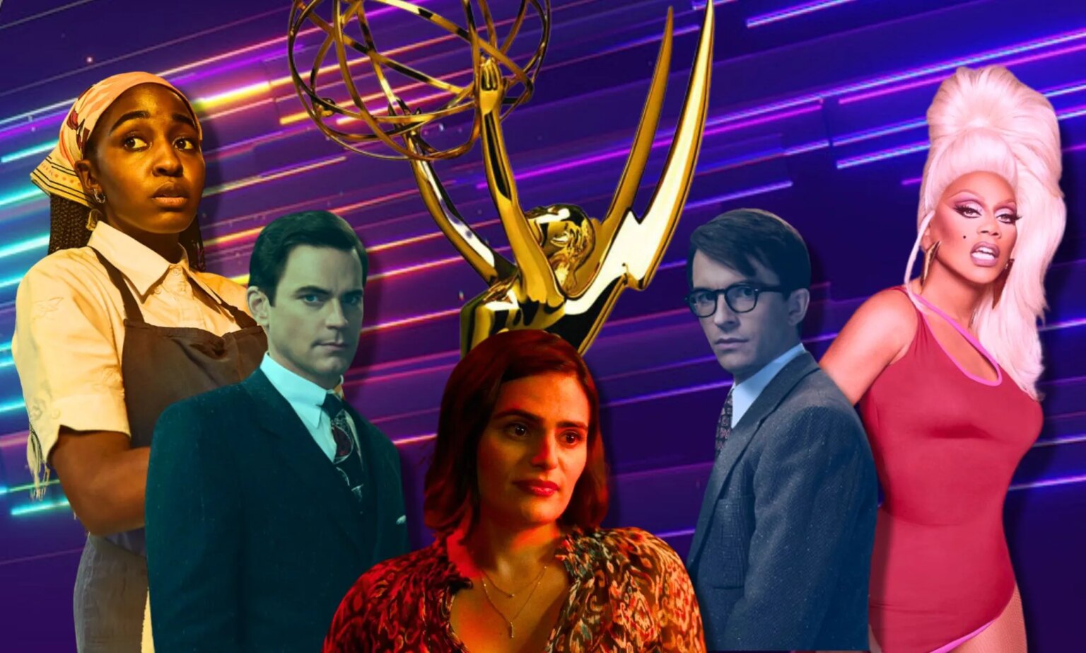 Les stars et les histoires LGBTQ+ reçoivent enfin leurs fleurs aux Emmy Awards – et il était temps An image featuring Ayo Edebiri, Matt Bomer, Nava Mau, Jonathan Bailey, and RuPaul.