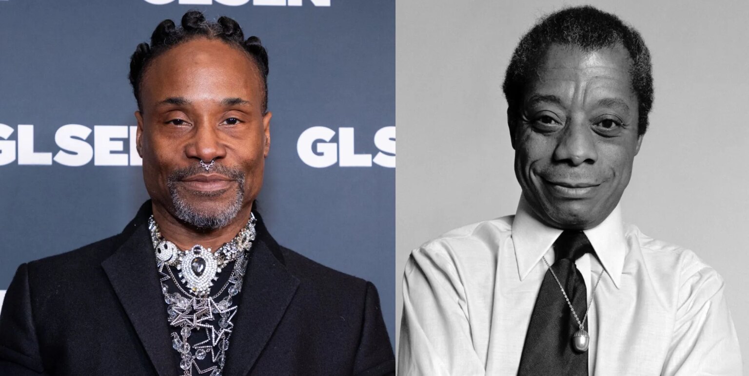 Billy Porter partage les dernières nouvelles sur le biopic de James Baldwin à l'occasion du 100e anniversaire de l'écrivain Billy Porter in a black suit and patterned shirt against a blue and white background (left) and a black and white photo of James Baldwin smiling (right).