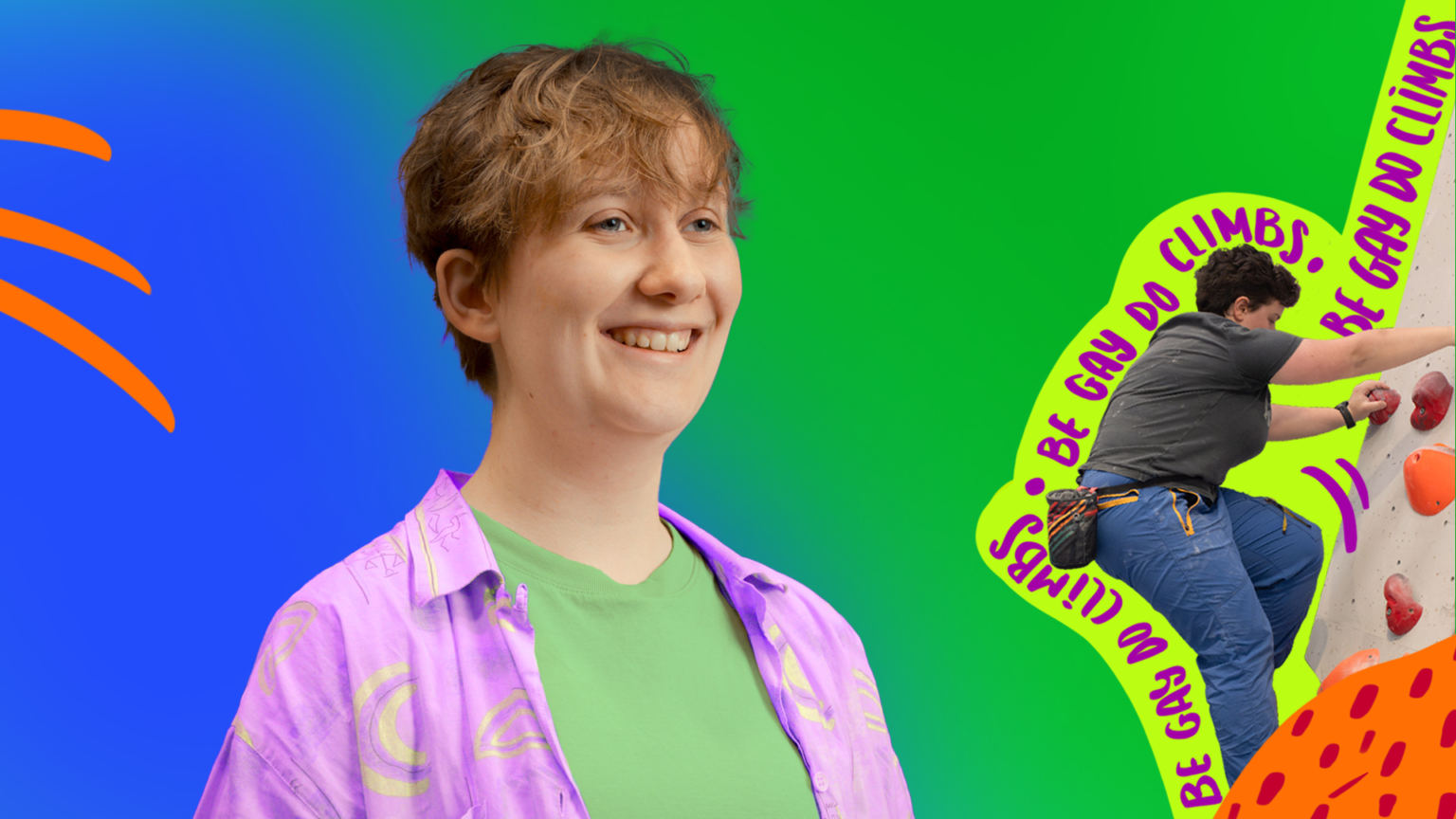 Rencontrez le groupe d'escalade qui aide les personnes homosexuelles à atteindre de nouveaux sommets Be Gay, Do Climbs member Jennie (left) and an image of a person bouldering
