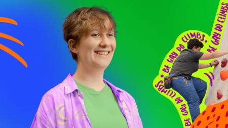 Be Gay, Do Climbs member Jennie (left) and an image of a person bouldering