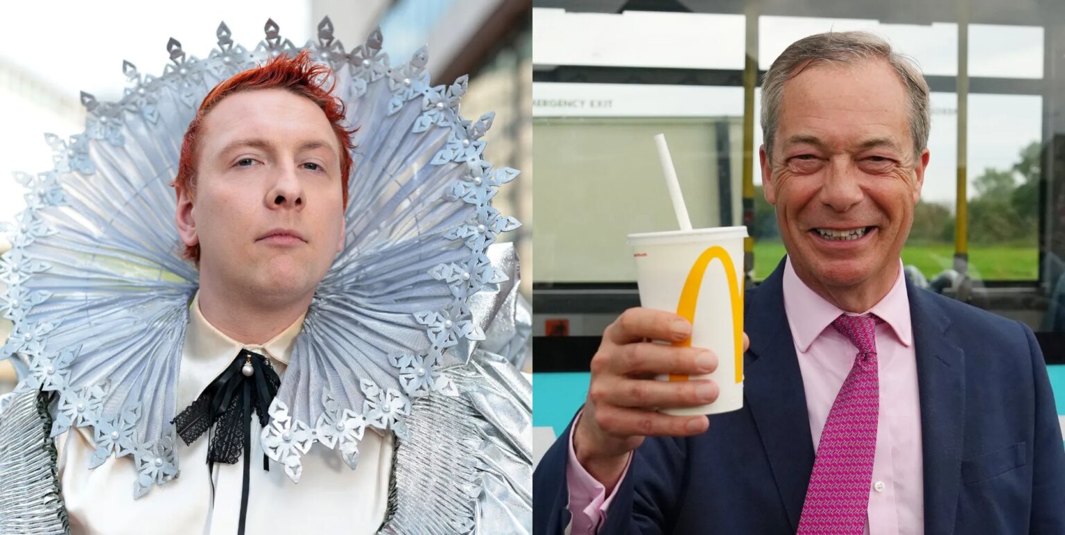 Le comédien pansexuel Joe Lycett trolle à nouveau sans pitié Nigel Farage – et nous adorons le voir Joe Lycett dressed as a queen at the BAFTAs and Nigel Farage smiling holding a milkshake