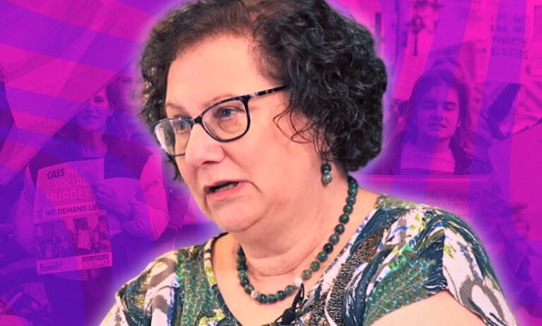 Le Dr Hilary Cass nie avoir recommandé un livre « critique sur le genre » à ses collègues A picture of Dr Hilary Cass edited into a picture of protestors.