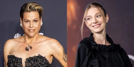 A composite image showing Alexandra Billings and Hunter Schafer at two separate red carpet events.