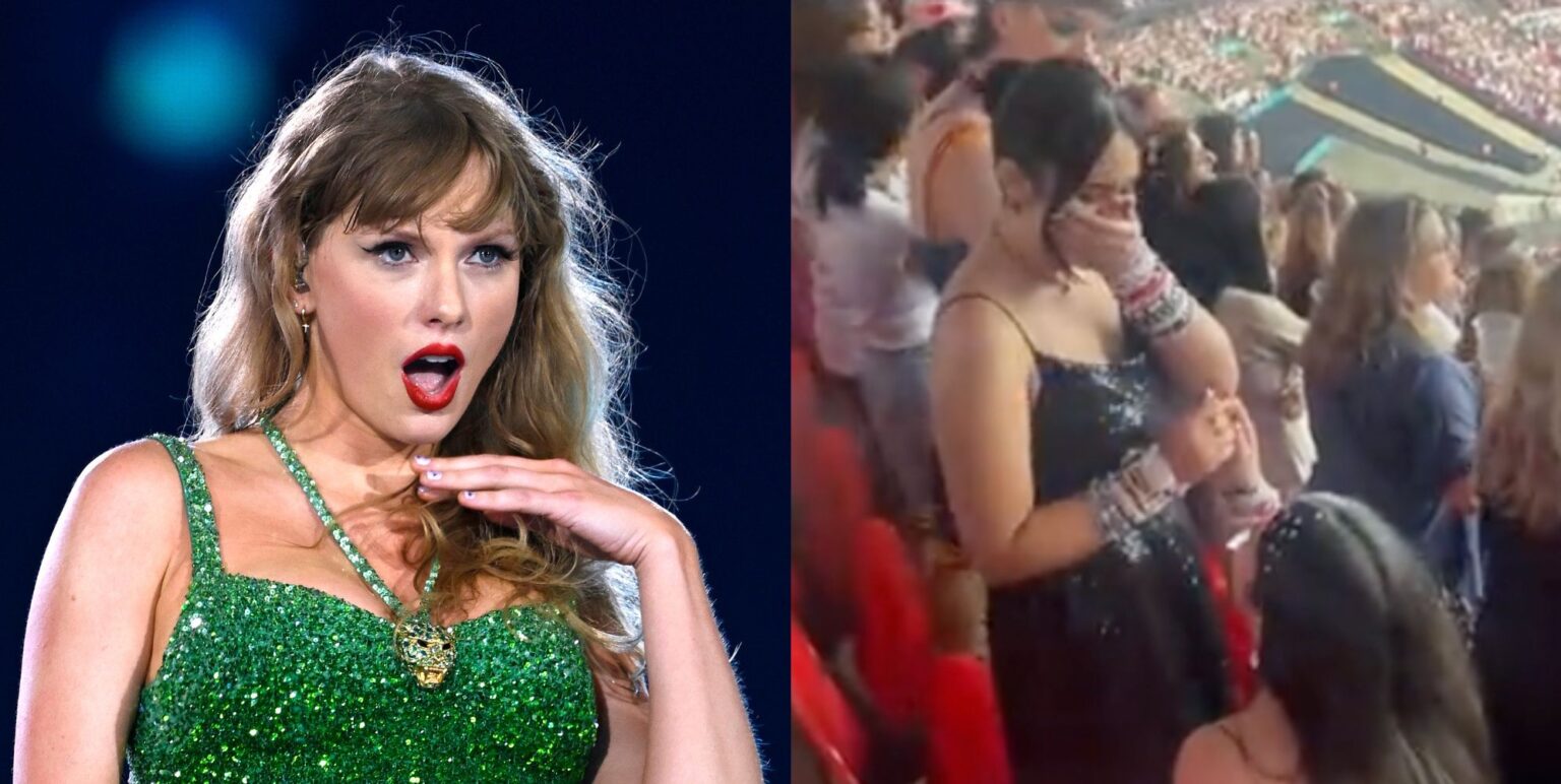 Internet recherche le couple homosexuel qui s'est fiancé lors du concert de Taylor Swift à Londres A photo of Taylor Swift performing in a green dress (left), and a screenshot of two queer people getting engaged at Taylor Swift's show.