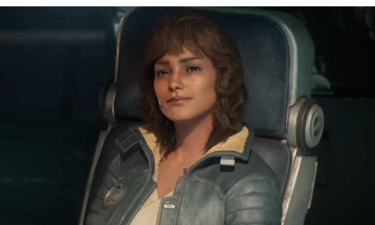 The Star Wars Outlaws lead character Kay Vess sitting in a space chair