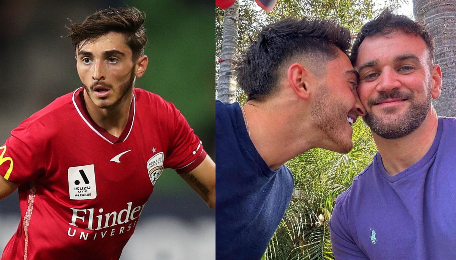 Célébrités LGBTQ+ qui se sont mariées ou fiancées en 2024 Josh Cavallo (left) playing football and with partner and fiance Leighton Morrell (right)