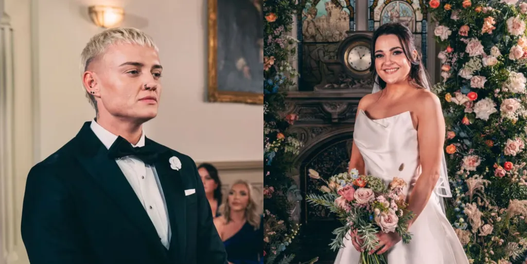 Eve (à gauche) et Charlie (à droite) le jour du mariage sur MAFS UK.