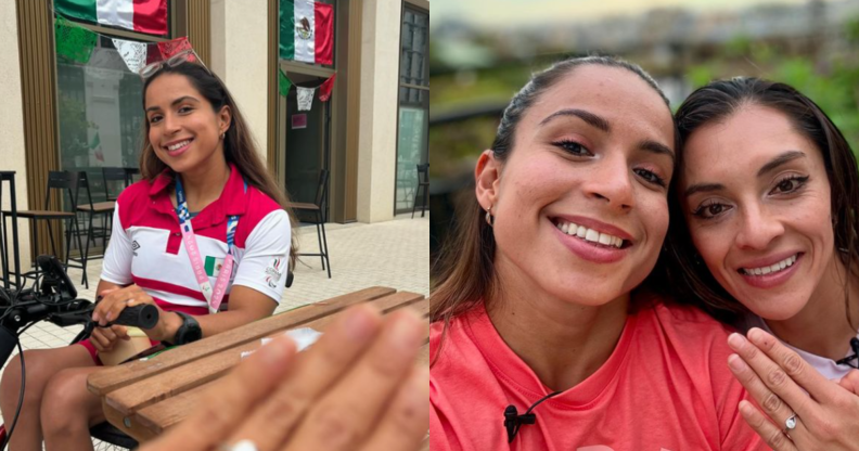 La triathlète paralympique Brenda Osnaya Alvarez, ouvertement homosexuelle, propose son partenaire sur la ligne d'arrivée Brenda Osnaya Alvarez et sa partenaire Jessie González.