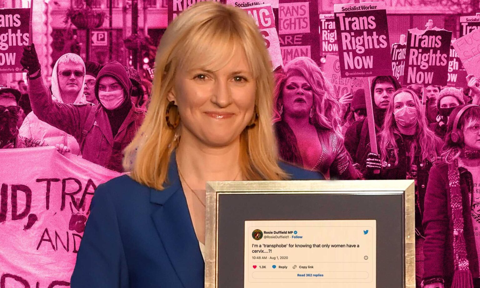 Rosie Duffield : Qu'a dit l'ancien député travailliste à propos des personnes trans et des droits des trans ? Rosie Duffield against a pink background with one of her infamous anti-trans tweets