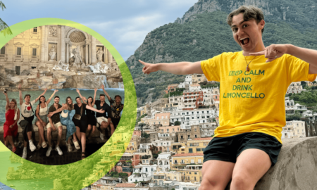 Heartstopper star Bradley Riches smiles as he wears a yellow 'Keep Calm and Drink Limoncello' t-shirt in Italy.
