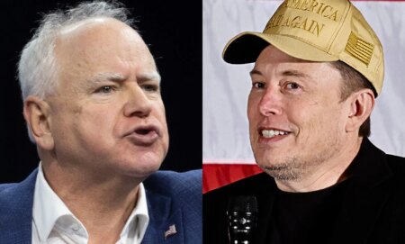 A split imaghe of Elon Musk and Tim Walz.