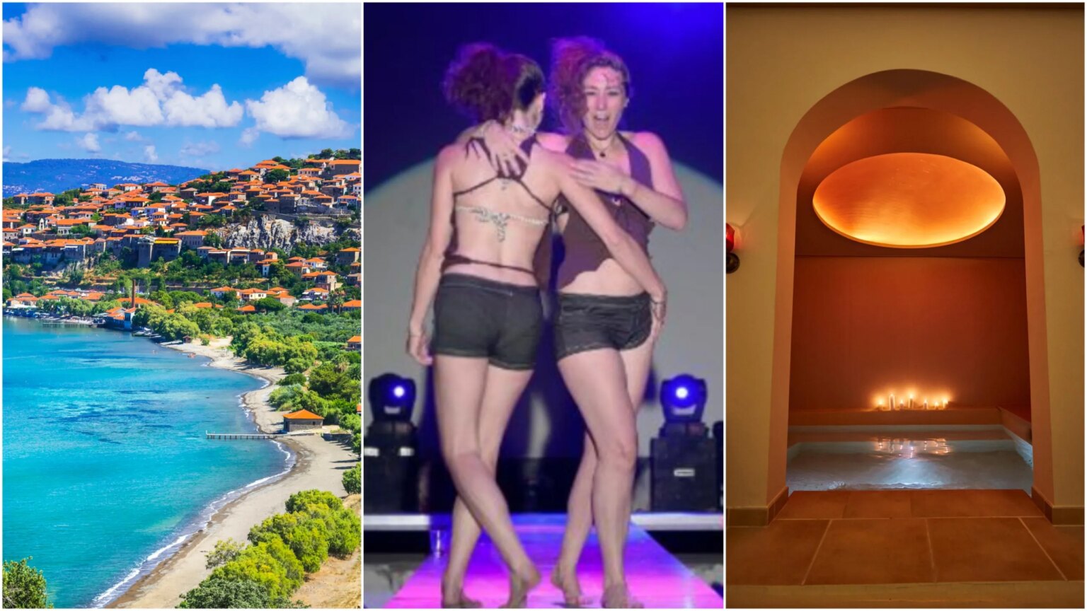 Je suis allée à un festival des femmes à Lesbos – c'est pourquoi vous devez l'ajouter à votre liste de voyages Composite image showing a shot of Lesvos on the left - a beach scene - two girls dancing at a festival in the middle, and a hammam spa lit by candlelight on the right