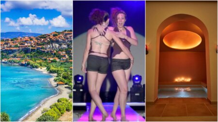 Composite image showing a shot of Lesvos on the left - a beach scene - two girls dancing at a festival in the middle, and a hammam spa lit by candlelight on the right
