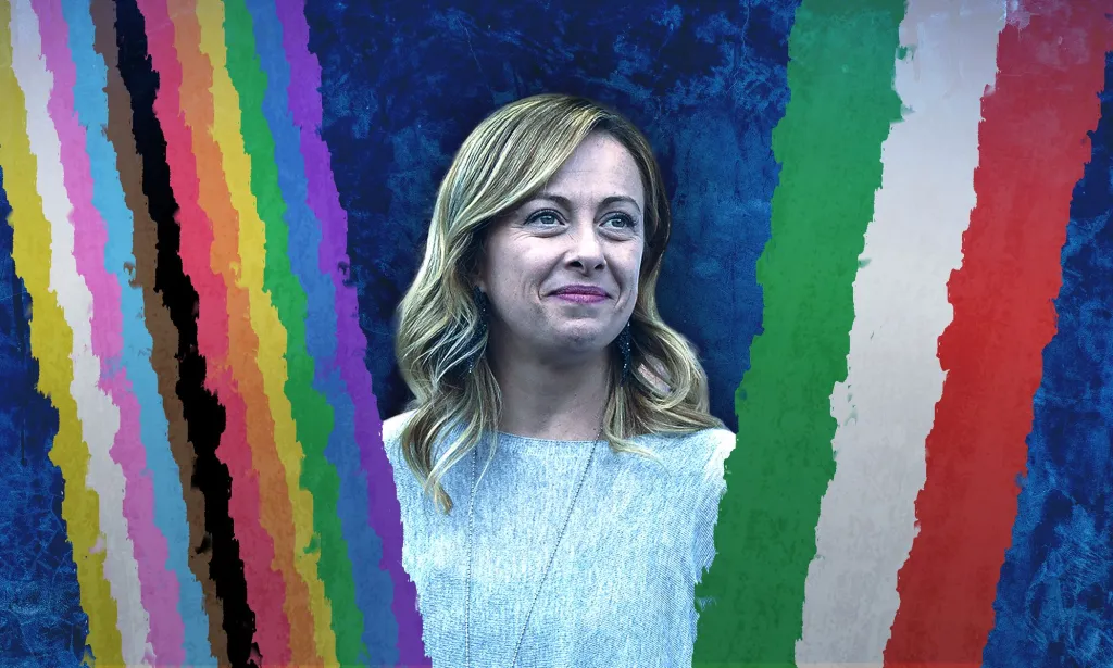 Un graphique de Giorgia Meloni debout entre deux drapeaux représentant l'Italie et la communauté LGBTQ+