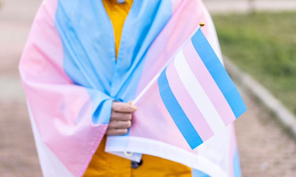 Une personne tenant un drapeau trans.