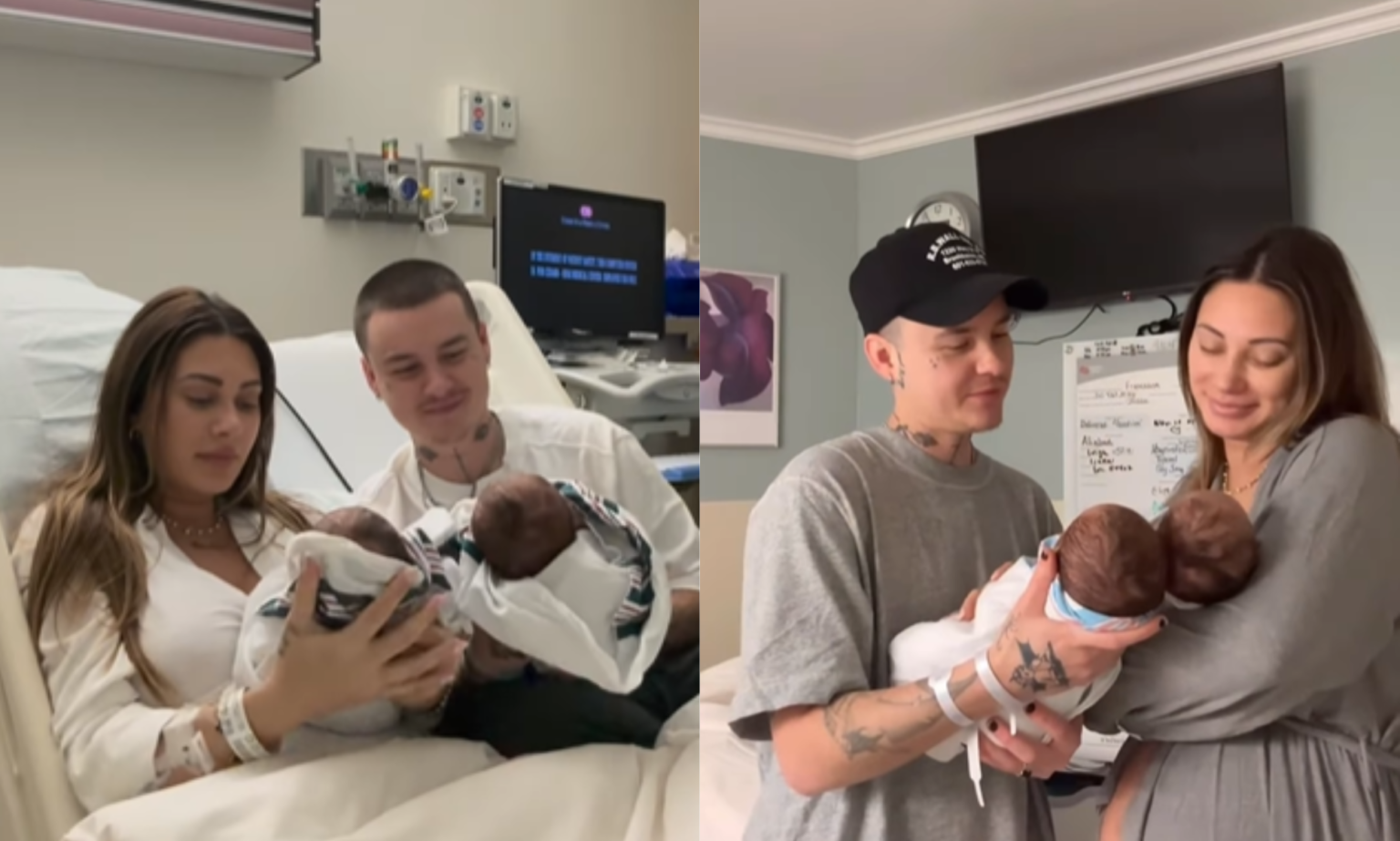 Francesca Farago et Jesse Sullivan de Too Hot to Handle partagent les noms uniques de leurs jumeaux nouveau-nés Francesca Farago and Jesse Sullivan holding their twin babies.