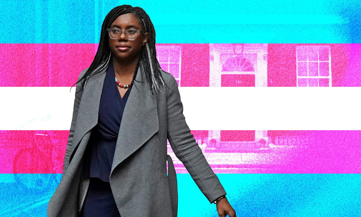 Kemi Badenoch a prouvé à six reprises qu'elle n'était pas une alliée de la communauté LGBTQ+ An edited image shows Kemi Badenoch walking outdoors against an edited background showing pink and blue colours.