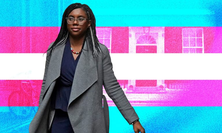 An edited image shows Kemi Badenoch walking outdoors against an edited background showing pink and blue colours.