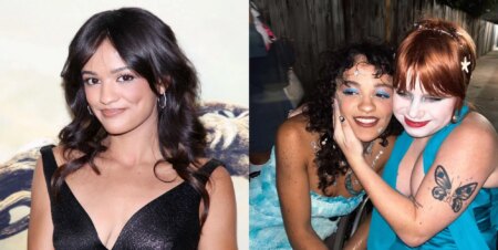 An image composite featuring actress Marissa Bode on the left, smiling wearing a black sleeveless dress with a plunging neckline on the red carpet of a Wicked premiere. On the right, Marissa Bode is embraced by her partner Lauren Brooks, while they are both wearing blue dresses and Chappell Roan inspired makeup