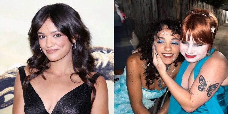 An image composite featuring actress Marissa Bode on the left, smiling wearing a black sleeveless dress with a plunging neckline on the red carpet of a Wicked premiere. On the right, Marissa Bode is embraced by her partner Lauren Brooks, while they are both wearing blue dresses and Chappell Roan inspired makeup
