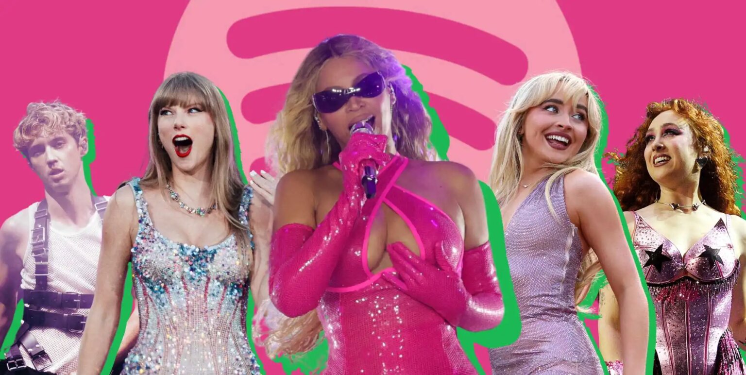 Si Spotify Wrapped vous traite de princesse rose du Pilates, vous êtes probablement gay Troye Sivan, Taylor Swift, Beyoncé, Sabrina Carpenter and Chappell Roan performing in front of a Spotify logo.