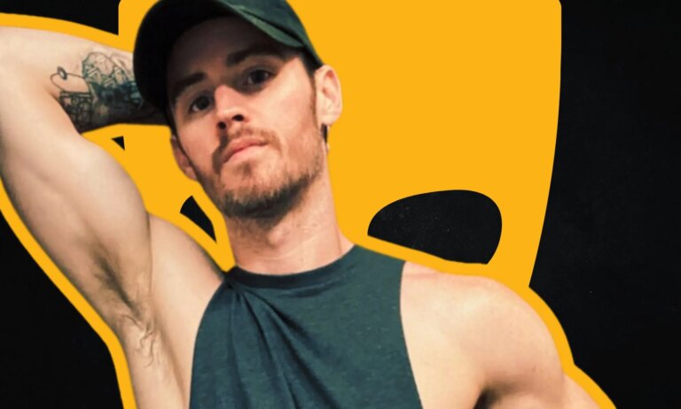 Dan Benson photoshopped infront of the Grindr logo.