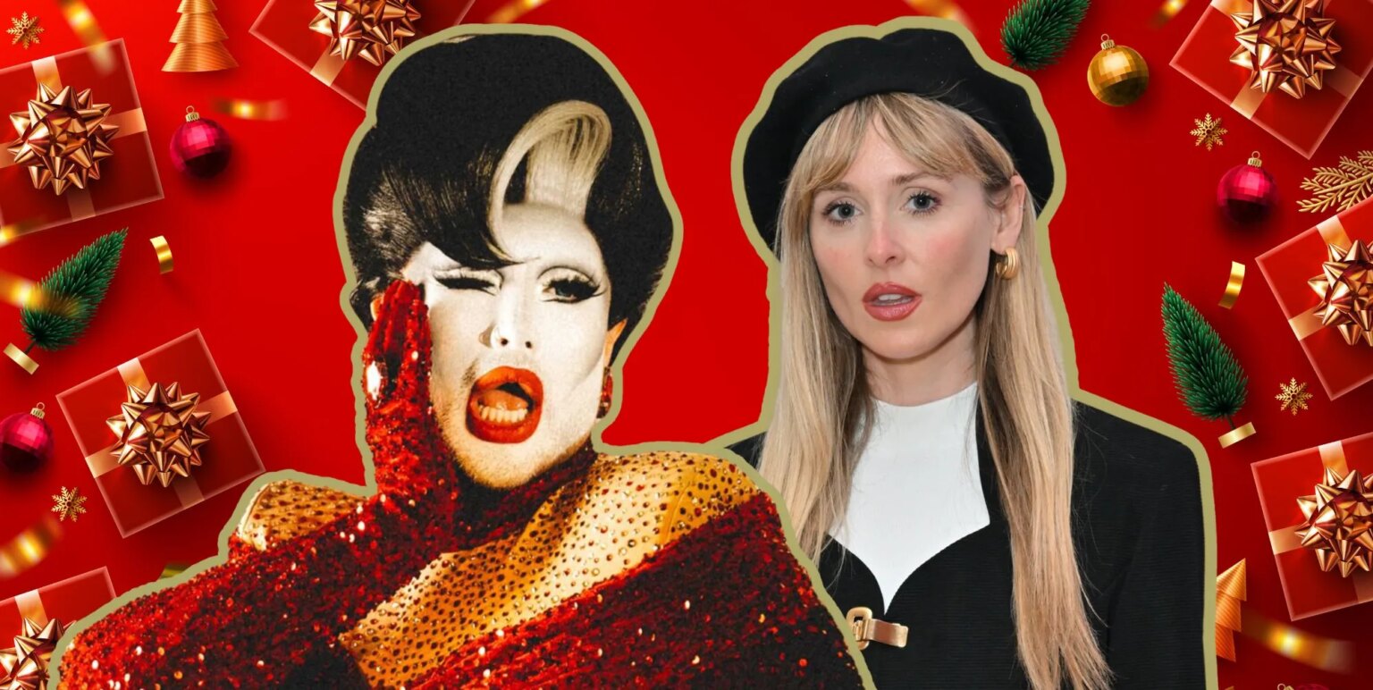 Une conversation de Noël chaotique avec Danny Beard et Diana Vickers : « Dans ma Nativité, j'ai joué à H de Steps » A red background with images of Christmas presents and trees on it, with Diana Vickers on the right and Danny Beard on the left posing