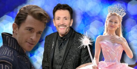 Jonathan Bailey and Ariana Grande in Wicked, alongside a photo of Eric Vetro, against a blue sparkly background.