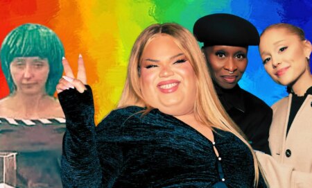 The Willy Wonka Oompa Loompa, Jools Lebron, Cynthia Erivo, and Ariana Grande edited in front of a rainbow.