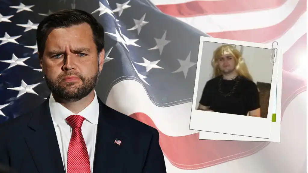 JD Vance (à gauche) à côté d'une photo le montrant prétendument en drag