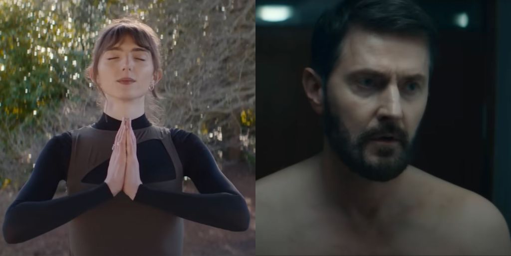 Deux images de la bande-annonce de Missing You montrant Mary Malone dans une pose de yoga et Richard Armitage seins nus et l'air choqué