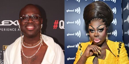 Bob The Drag Queen without drag wearing a white shirt and in drag wearing a bright yellow top.