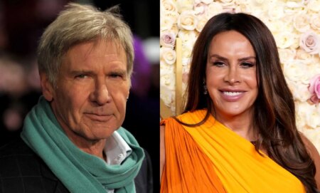 Harrison Ford wearing a green scarf next to Karla Sofía Gascón in an orange dress.
