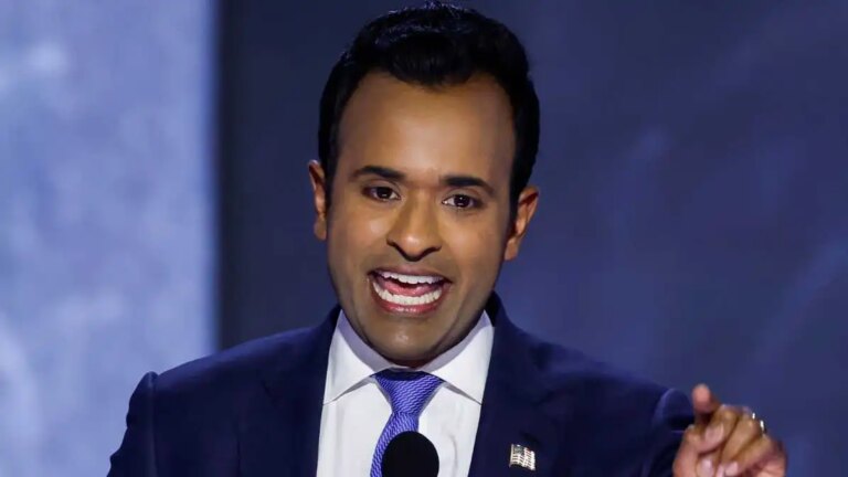 Businessman Vivek Ramaswamy speaks on stage on the second day of the Republican National Convention.