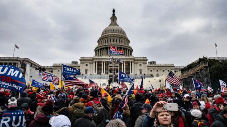 Pro-Trump supporters including members of neo-fascist group the Proud Boys storm the U.S. Capitol following a rally with President Donald Trump on January 6, 2021 in Washington, DC.