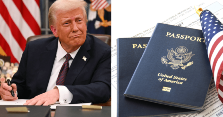 Photo divisée du président Donald Trump et des passeports américains.