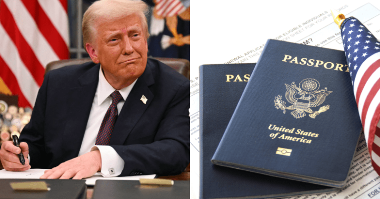 Photo divisée du président Donald Trump et des passeports américains.