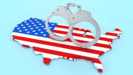 3D Handcuffs with USA Country Shape with American Flag - Colored Background - 3D Rendering