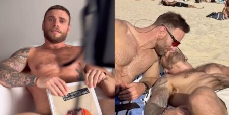 On the left, Gus Kenworth poses with a photo book covering his privates. On the right, Gus Kenworthy kisses a man while shirtless on a beach.