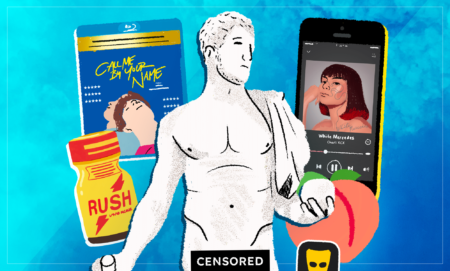 A collage of a Greek statue, a peach, a Call Me By Your Name blu-ray, poppers and an iPhone with Charli XCX on Spotify